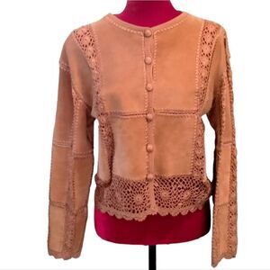S. M. H. Suede and Crochet Patchwork Cardigan Size S Brown / Tan